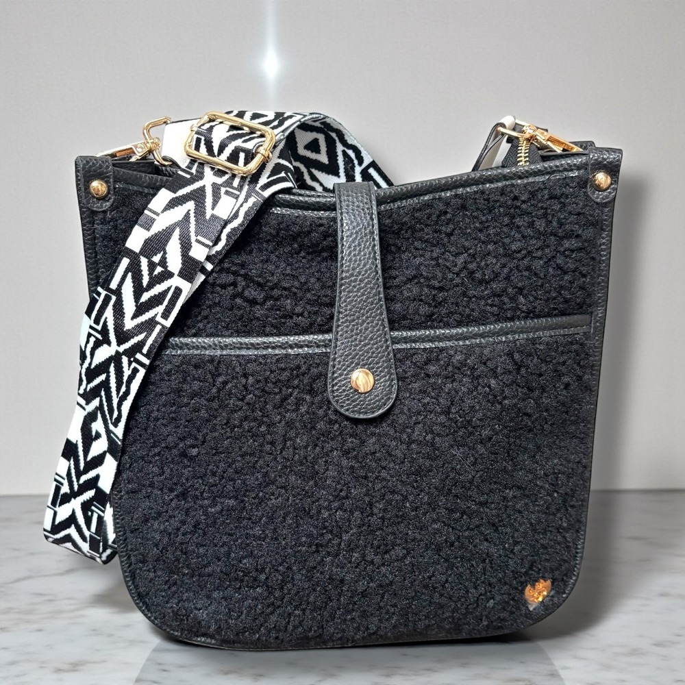 Black Sherpa‎ Faux Leather Crossbody Bag with Geometric Guitar Strap